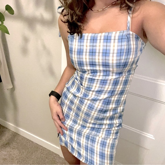 blue plaid bodycon dress Long Sleeve Plaid Bodycon Mini Dress